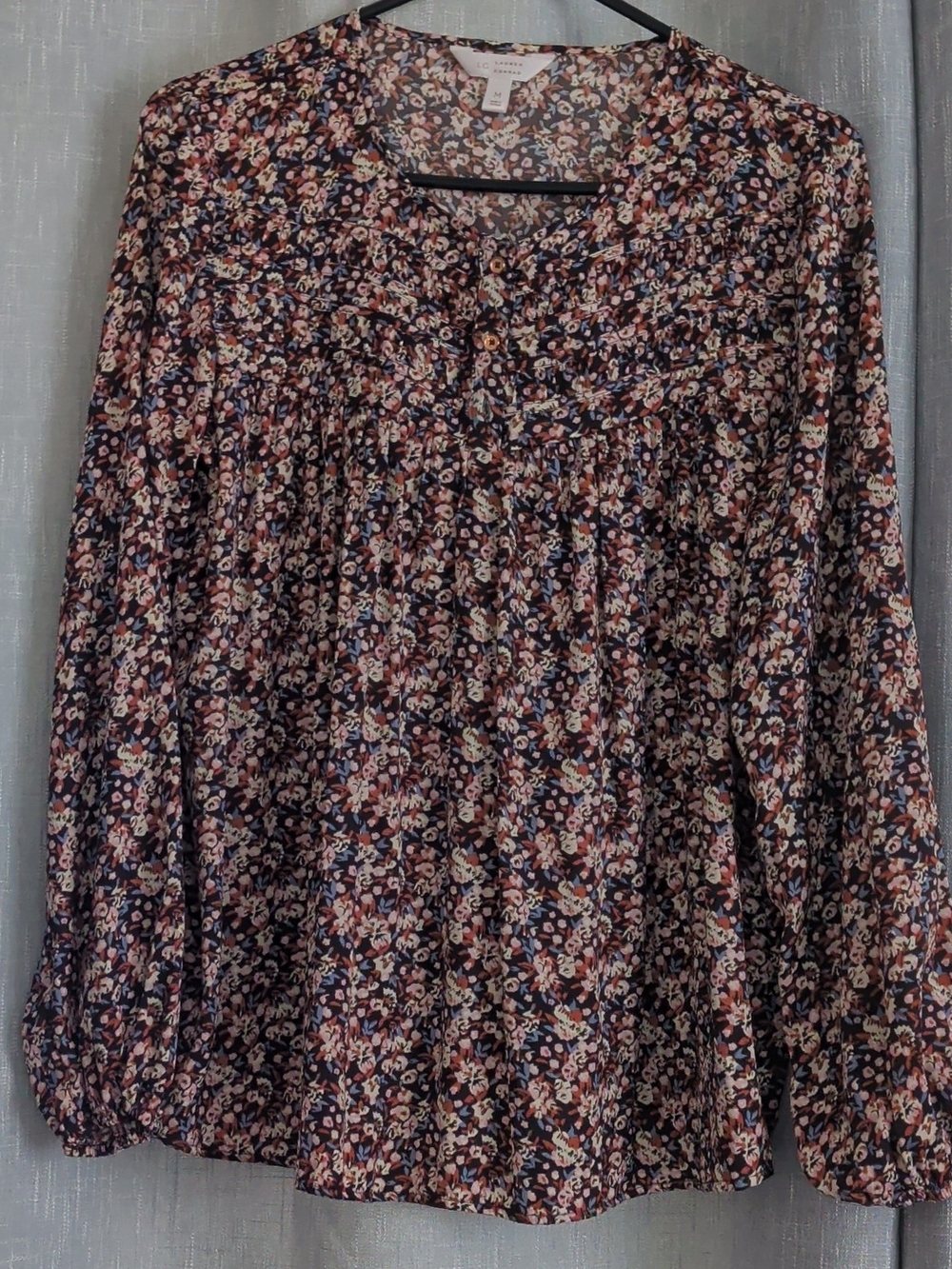 Lauren Conrad Floral Long-Sleeve Peasant Blouse - Navy & Pink, Cream Sz. M